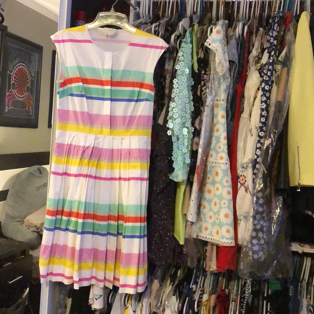 White pleated colored stripes dress